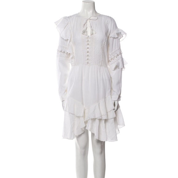 Sea New York Tie Neck Mini Dress White Size 4 Ruffle, Pom-Pom & Tassel Accents - Picture 13 of 14